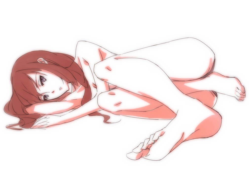 ass barefoot breasts brown_hair cleavage kyakuo_(saru_to_realist) long_hair looking_at_viewer lying makise_kurisu nude on_side purple_eyes simple_background small_breasts solo steins;gate white_background