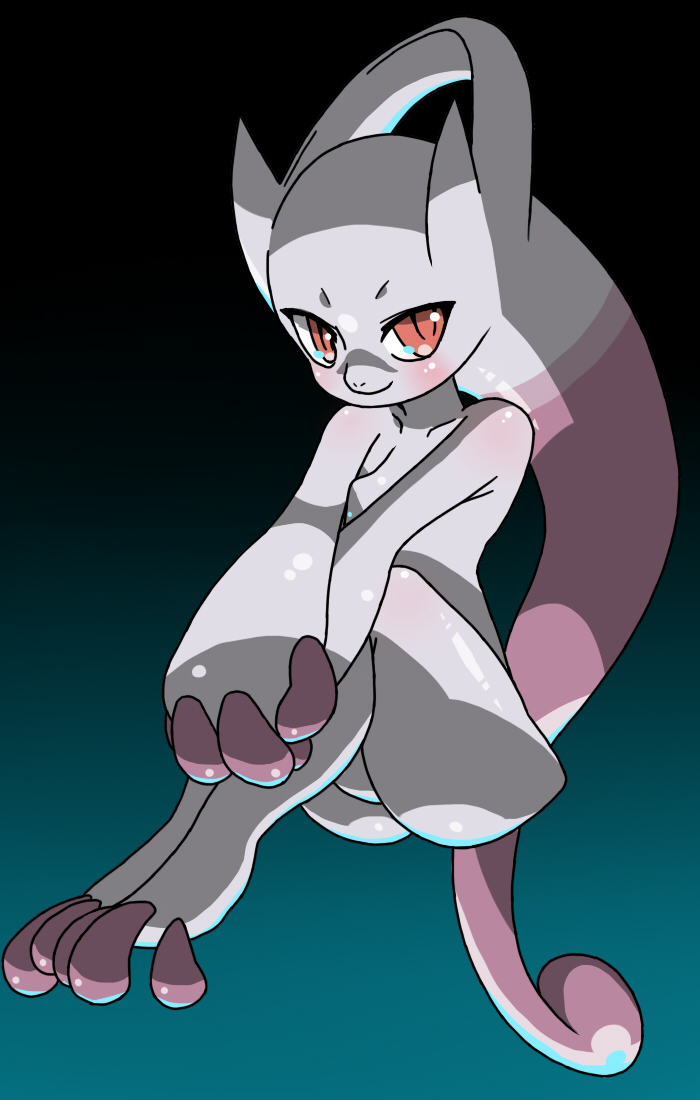 1girl aqua_background black_background blush breasts chizi collarbone creatures_(company) female full_body game_freak gen_1_pokemon gradient gradient_background hands_together invisible_chair knees_up legs_together mega_mewtwo_y mega_pokemon mewtwo nintendo no_humans no_nipples pokemon pokemon_(creature) red_eyes shiny shiny_skin simple_background sitting small_breasts solo v_arms