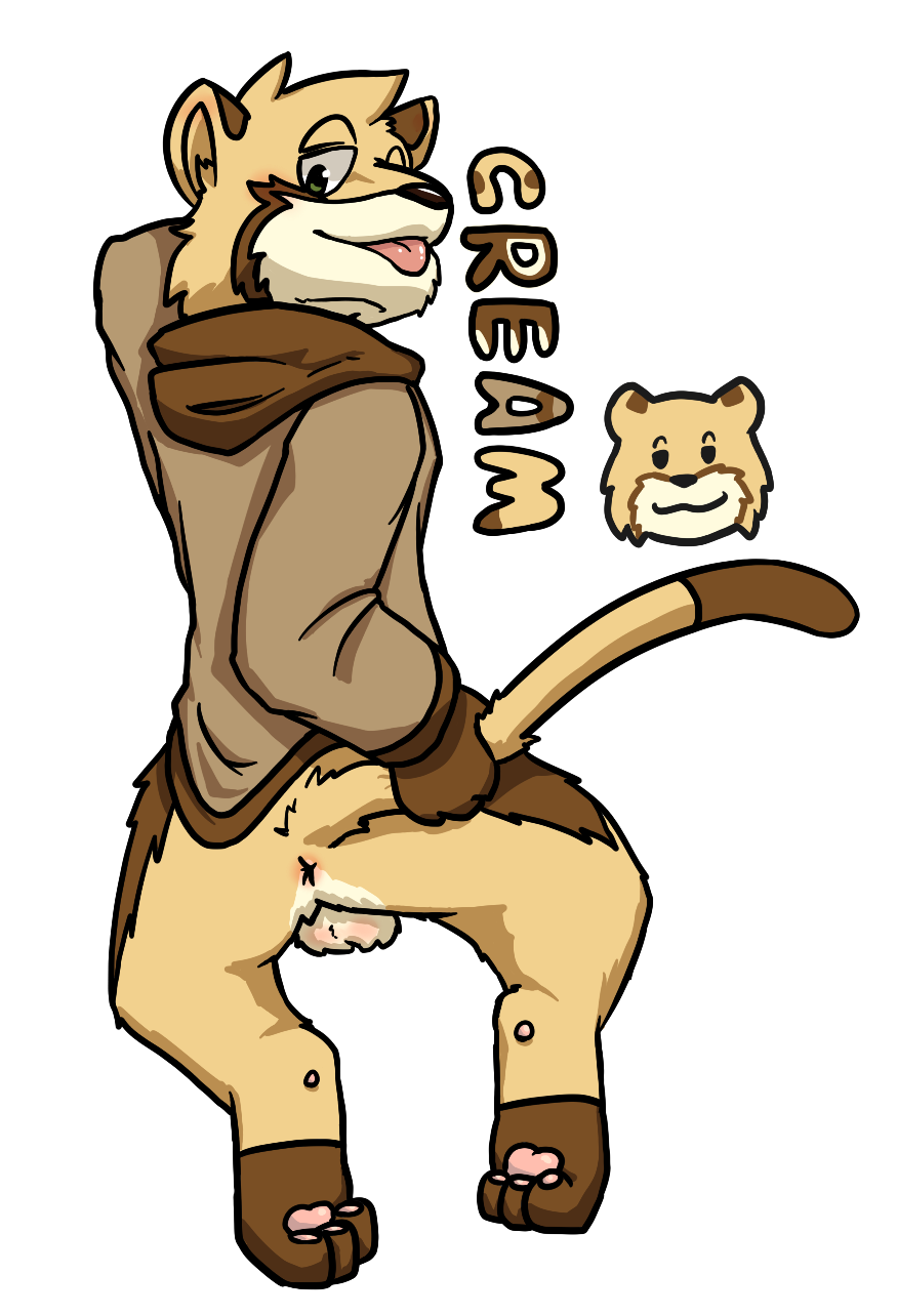 3_toes al-cat anus backsack balls blush bottomless brown_fur cat clothed clothing cream_(al-cat) feline fur green_eyes holding_tail hoodie looking_back male mammal pawpads simple_background solo toes tongue tongue_out