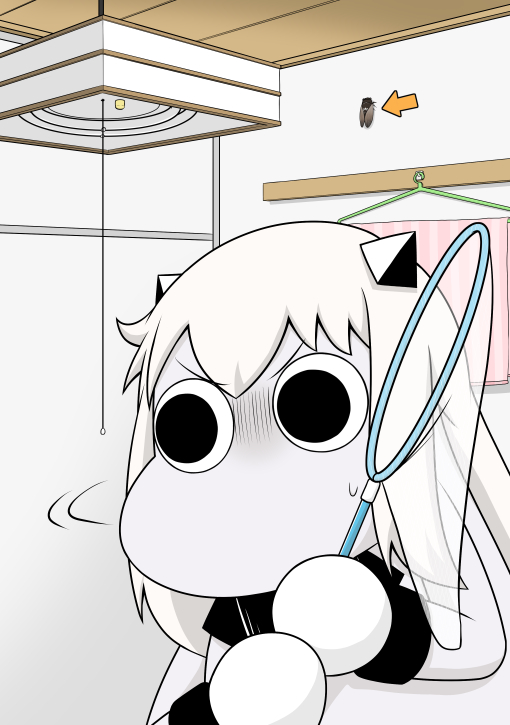 1girl bug butterfly_net ceiling ceiling_light cicada clothes_hanger collar comic commentary directional_arrow hand_net horns insect kantai_collection mittens moomin muppo northern_ocean_hime sazanami_konami shaded_face shinkaisei-kan sidelocks sweatdrop towel