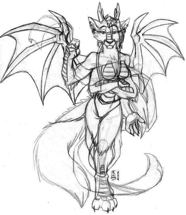 anthro breasts canine clothed clothing digitigrade dragon female horn hybrid mammal multi_arm multi_limb multi_tail solo topless wings