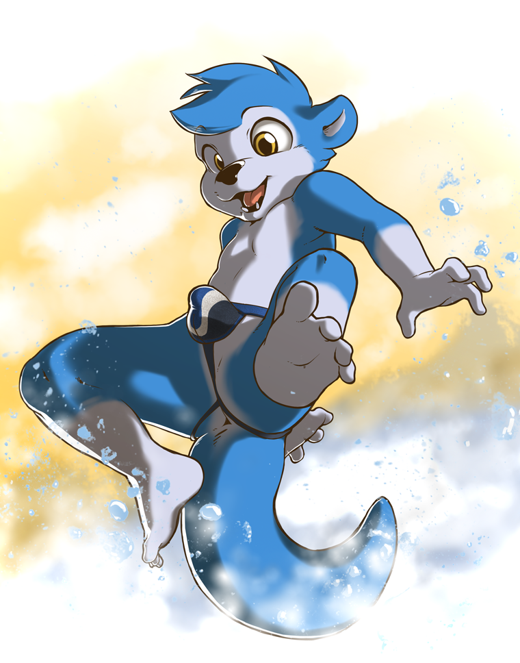 4_fingers 4_toes anthro blue_fur brown_eyes bulge butt clothing cub fur harmarist island_(character) jockstrap male mammal mustelid otter toes underwear water white_fur young
