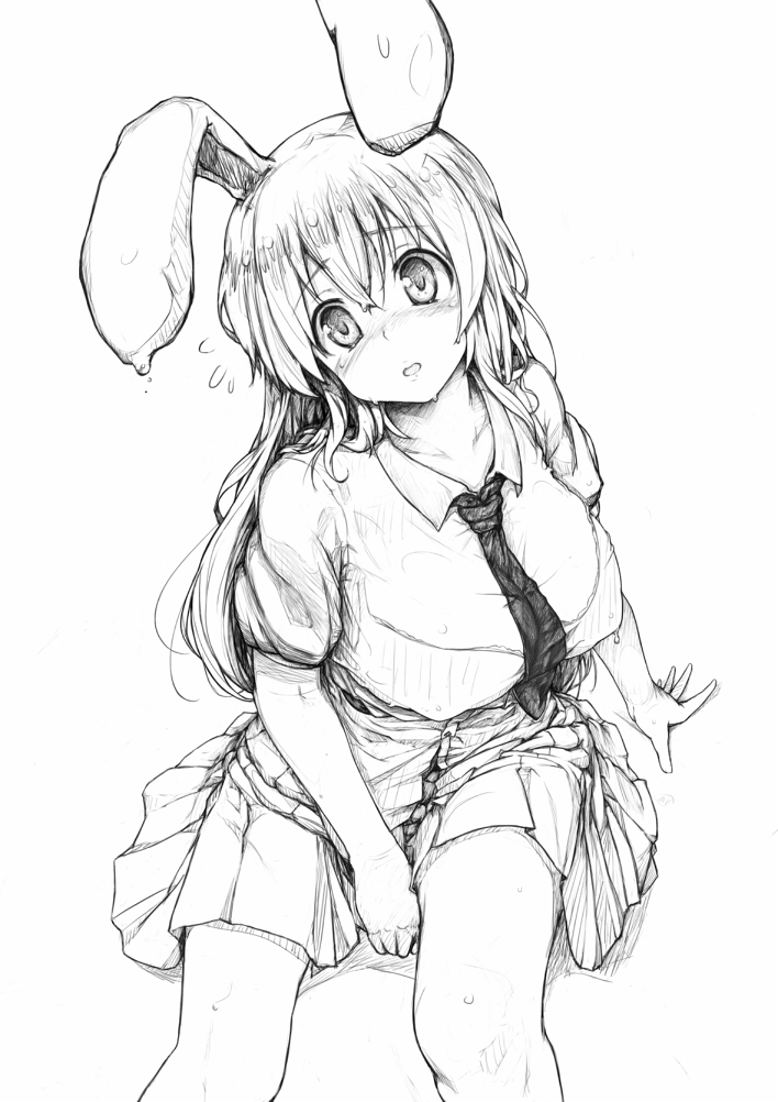 animal_ears bangs between_breasts blush breasts bunny_ears collared_shirt flying_sweatdrops greyscale ishikei_(style) large_breasts long_hair looking_at_viewer miniskirt monochrome necktie necktie_between_breasts pleated_skirt reisen_udongein_inaba see-through shirt simple_background sitting skirt solo touhou wc3215410 wet wet_clothes white_background wing_collar