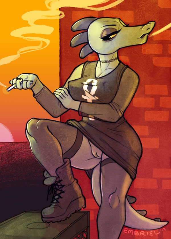 2017 alligator anthro bea_(nitw) clothed clothing crocodilian embriel female footwear half-closed_eyes legwear night_in_the_woods nitw outside pussy reptile scalie smoking solo