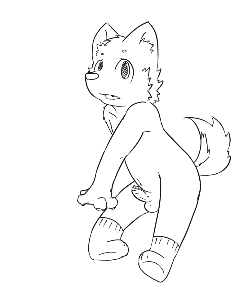 al-cat anthro balls canine clothing dog erection foreskin humanoid_penis legwear line_art male mammal penis precum simple_background socks solo uncut young