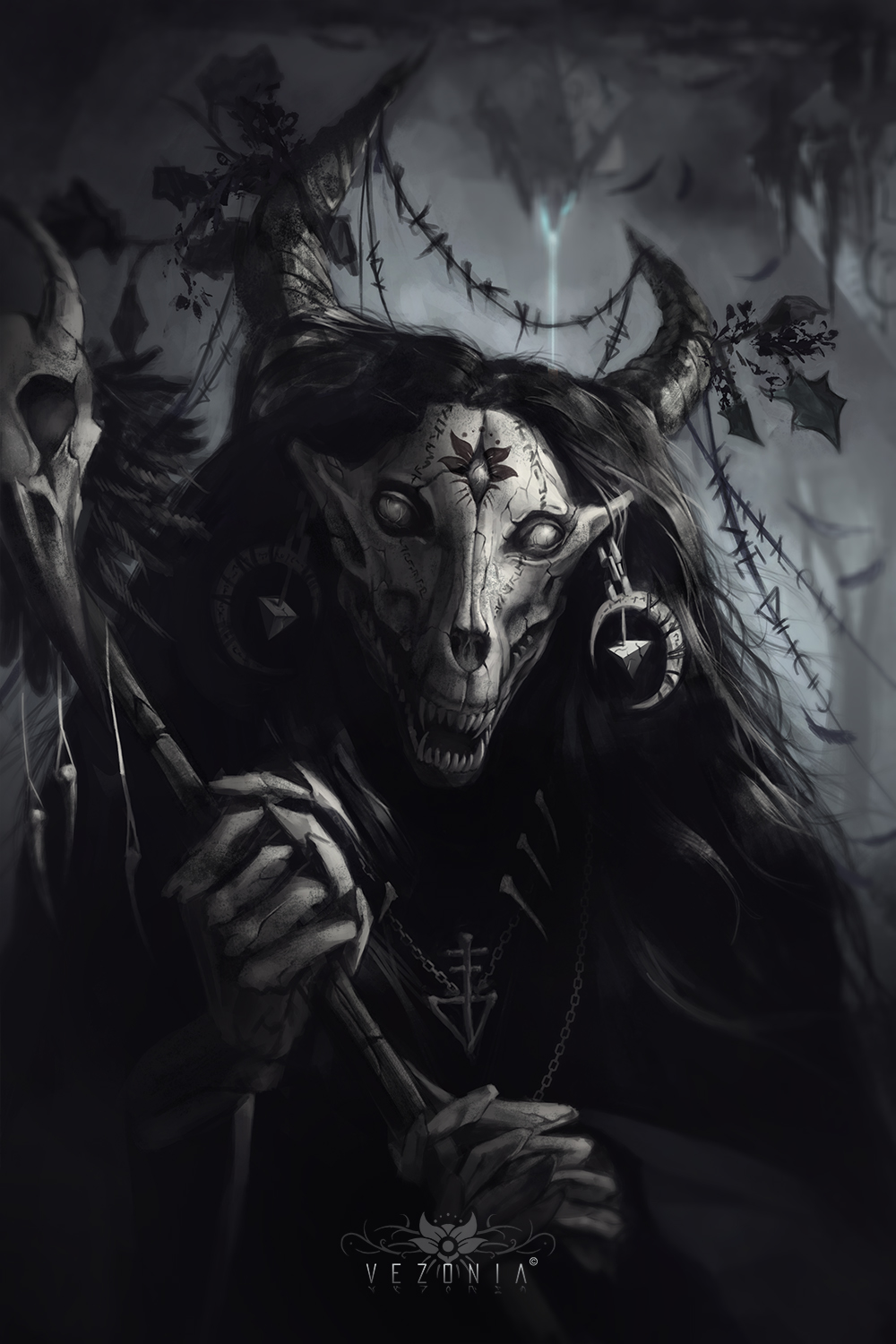 2017 4_fingers animated_skeleton bone creepy detailed_background empty_eyes fangs feathers flower greyscale hair half-length_portrait holding_object horn jewelry long_hair looking_at_viewer monochrome necklace open_mouth plant portrait runes scp-1471 sharp_teeth signature skeleton skull snout solo soul_devouring_eyes symbol teeth text undead vezoniaartz