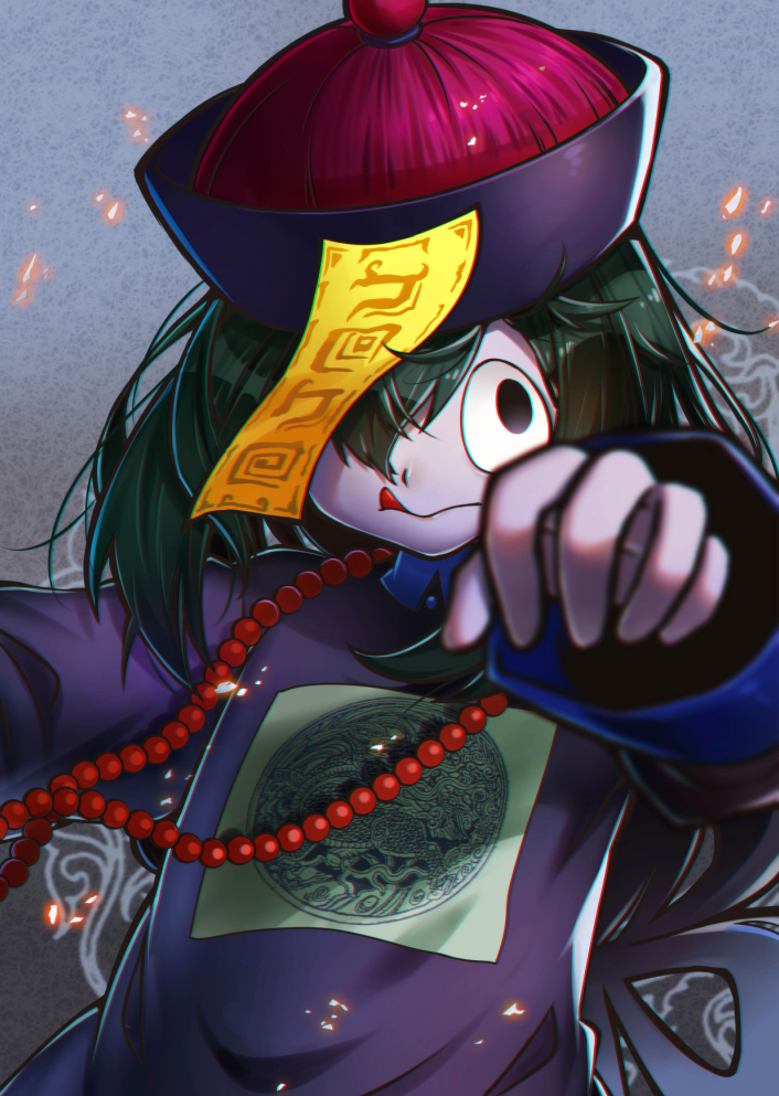 asui_tsuyu black_eyes black_hair blue_skin blurry boku_no_hero_academia chinese_clothes chromatic_aberration depth_of_field frog_girl hair_over_one_eye hat jiangshi long_hair long_tongue looking_at_viewer low-tied_long_hair monster_girl mowmow26 ofuda outstretched_arms solo tongue tongue_out undead upper_body