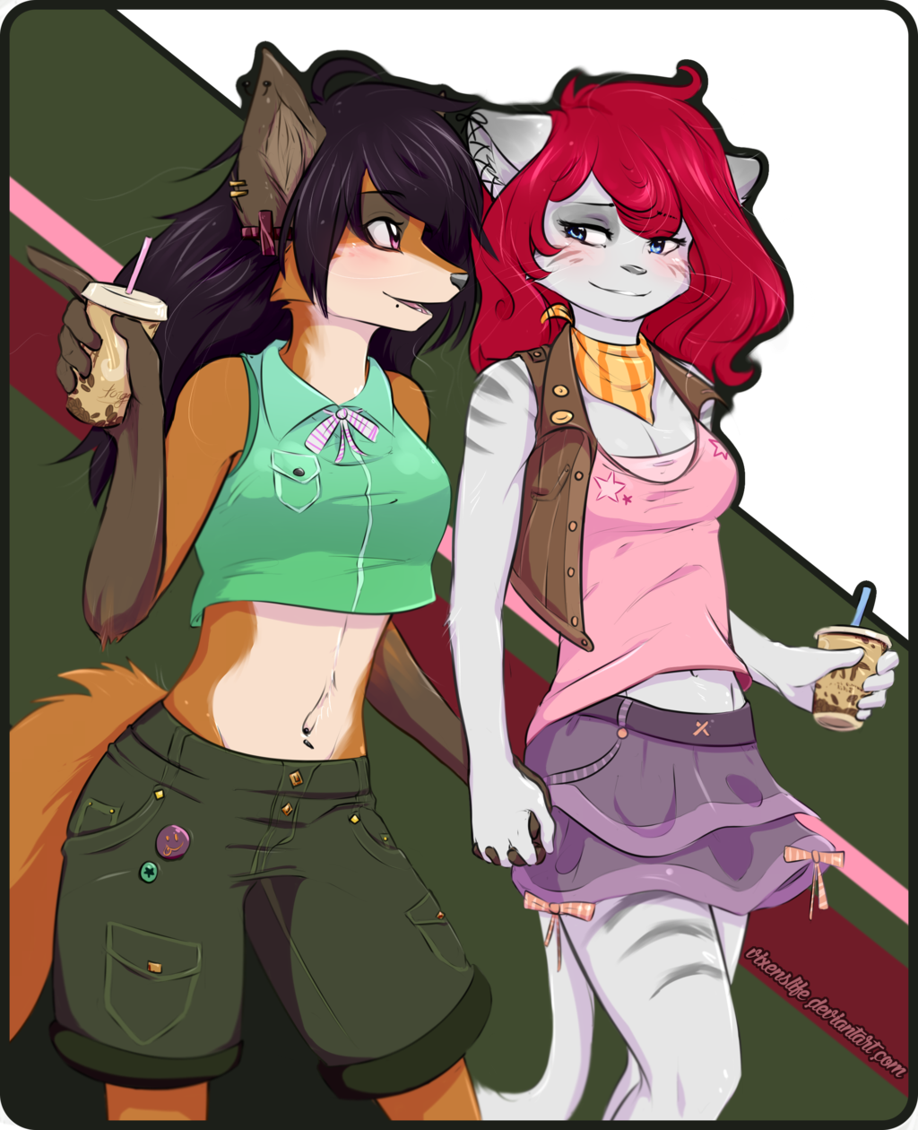 anthro blue_eyes blush canine cat clothed clothing duo eye_contact feline female female/female fox fur hair hand_holding holding_object interspecies love mammal piercing red_hair romantic_couple smile stripes vixenslife