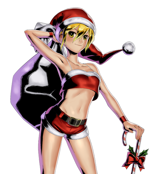 alternate_costume armpits belt blonde_hair breasts candy candy_cane christmas cowboy_shot crop_top food hat holding holding_candy_cane holding_sack kasamoto_eri looking_at_viewer metal_slug metal_slug_attack midriff navel official_art sack santa_costume santa_hat short_shorts shorts small_breasts smile solo transparent_background wristband yellow_eyes