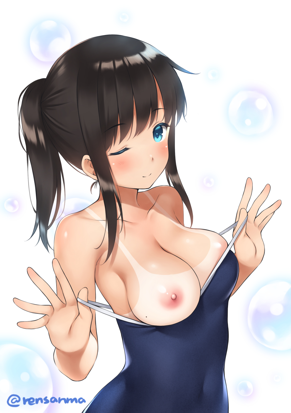 ;) areolae bangs bare_arms bare_shoulders blue_swimsuit blush breasts brown_hair closed_mouth collarbone commentary_request covered_navel eyebrows_visible_through_hair eyelashes highres large_breasts looking_at_viewer medium_breasts mole mole_on_breast nipples one-piece_swimsuit one-piece_tan one_breast_out one_eye_closed original pulled_by_self ren_san school_swimsuit short_hair side_ponytail sidelocks skin_tight smile solo standing strap_pull swimsuit swimsuit_pull tan tanline twitter_username upper_body