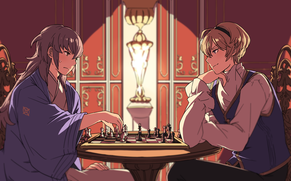 ai-wa blonde_hair board_game chess chess_piece chessboard european_clothes fire_emblem fire_emblem_if hakama japanese_clothes leon_(fire_emblem_if) multiple_boys playing_games smile sweat takumi_(fire_emblem_if) white_hair