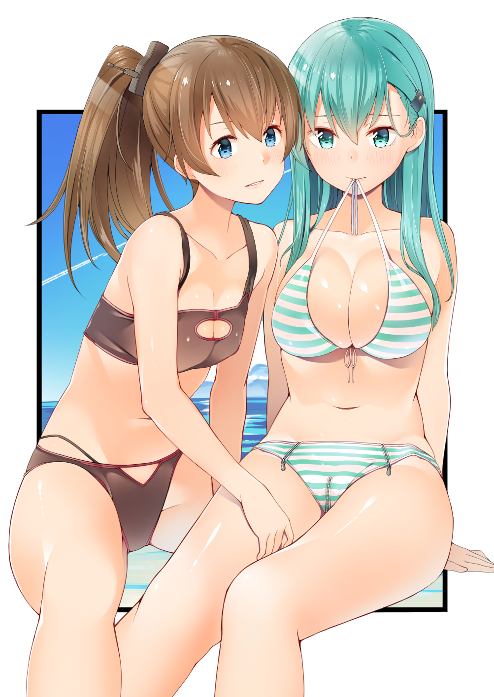 alternate_eye_color aqua_eyes aqua_hair beach between_legs bikini border breasts brown_bikini brown_eyes brown_hair byte_(allbyte) cleavage cleavage_cutout collarbone crotch_zipper front-tie_bikini front-tie_top green_bikini hair_between_eyes hair_ornament hairclip hand_between_legs highres kantai_collection kumano_(kantai_collection) large_breasts long_hair looking_at_another mouth_hold multiple_girls navel outside_border parted_lips ponytail revision sitting small_breasts straight_hair strap_pull string_in_mouth striped striped_bikini suzuya_(kantai_collection) swimsuit white_border zipper