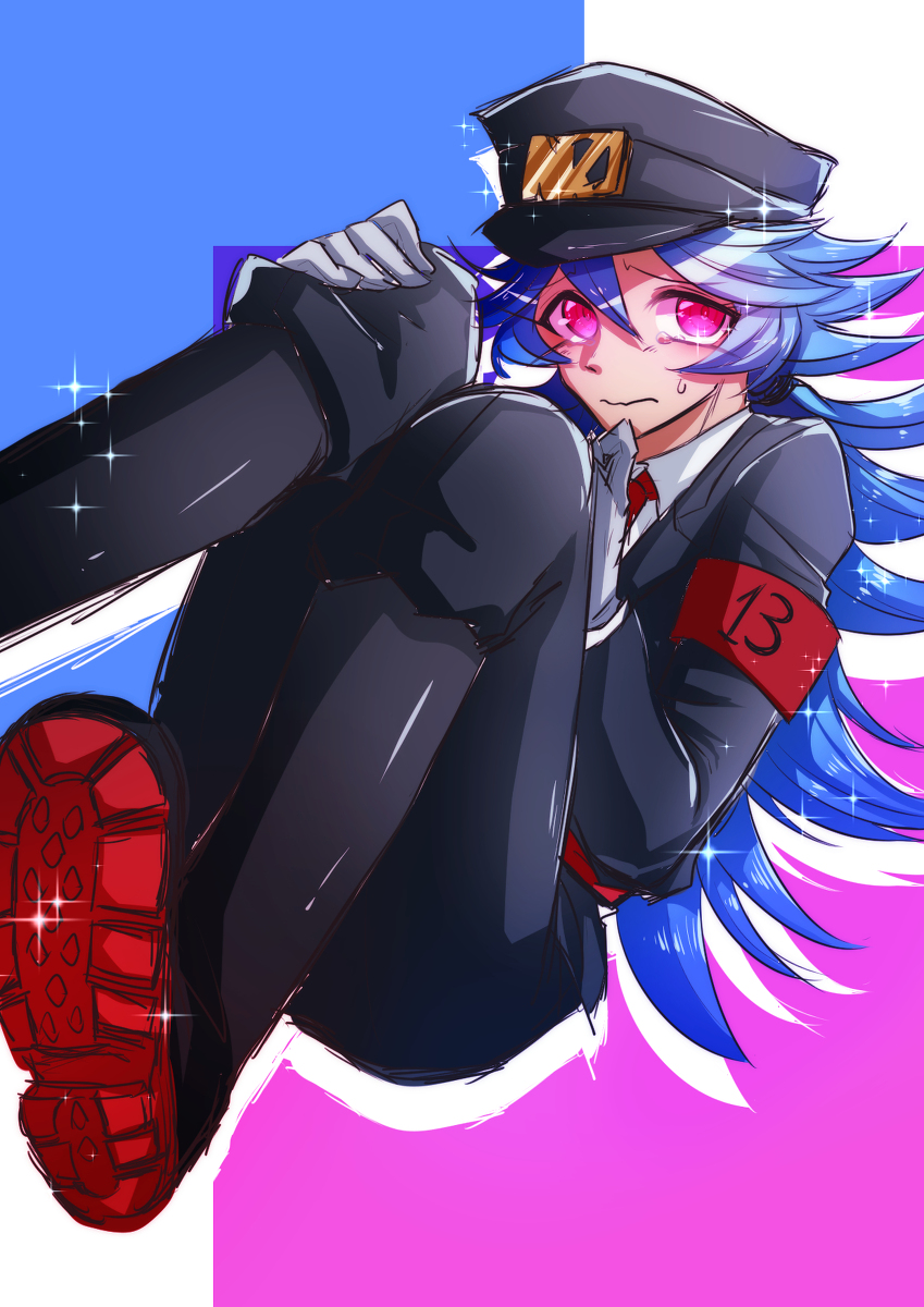 1boy artist_request bangs black_boots black_jacket black_pants blue_hair boots closed_mouth crying eyebrows_visible_through_hair gloves hat jacket long_sleeves looking_at_viewer male_focus nanbaka necktie pants peaked_cap pink_eyes red_necktie shiny shiny_clothes shiny_hair shoes sitting solo sparkle sweat tanabata_seitarou tears uniform very_long_hair wavy_mouth white_gloves