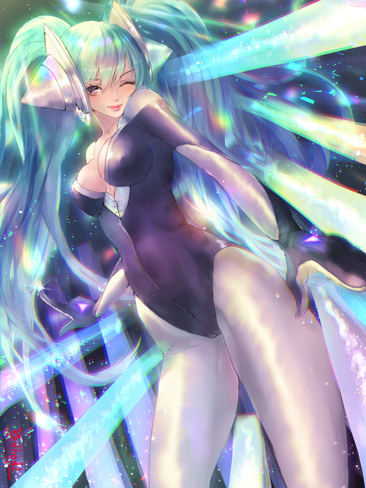 ;) aqua_hair bodysuit breasts cleavage covered_navel dj_sona headphone league_of_legends lipstick long_hair looking_at_viewer one_eye_closed red_hod sona_buvelle twintails