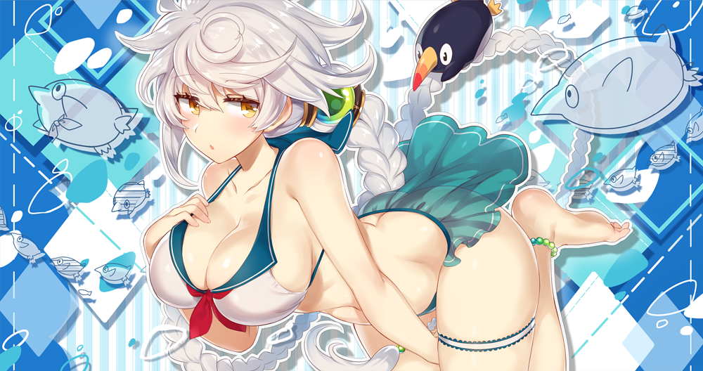 alternate_costume ass asymmetrical_hair bare_shoulders bent_over between_legs bikini blush braid breasts brown_eyes cleavage collarbone commentary_request failure_penguin frilled_bikini frills hand_between_legs jitome kantai_collection large_breasts long_hair looking_to_the_side open_mouth sailor_bikini sailor_collar shiny shiny_hair shiny_skin silver_hair single_braid swimsuit thigh_strap unryuu_(kantai_collection) very_long_hair wavy_hair white_bikini yamaarashi yellow_eyes