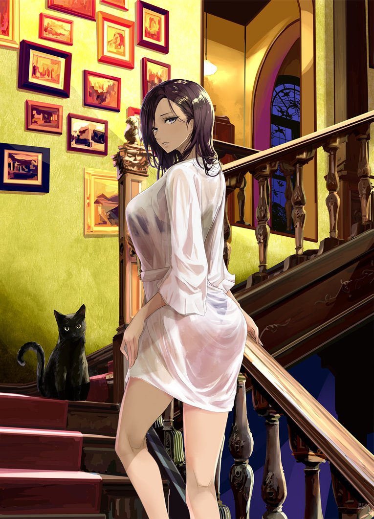 arch ass banister black_bra black_cat black_panties bra bra_through_clothes brown_eyes brown_hair carpet cat chef_no_kimagure_salad commentary_request from_behind from_below hand_on_own_thigh hand_on_railing indoors leg_lift light light_smile lights lingerie looking_at_viewer looking_back open_mouth original panties pedestal photo_(object) picture_frame robe see-through shiny shiny_hair solo stairs statuette thong underwear window