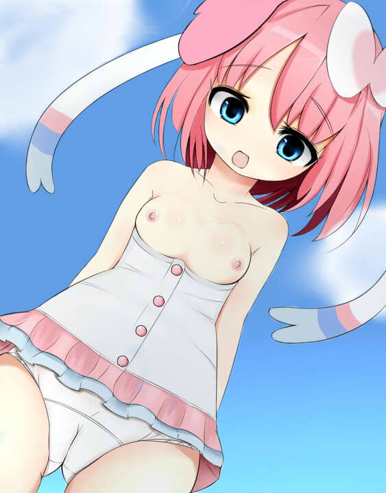 alternate_species blue_eyes breasts clothing dress eeveelution female hair human humanized mammal nintendo not_furry open_mouth panties pink_hair pok&eacute;mon ribbons solo sylveon underwear unknown_artist video_games