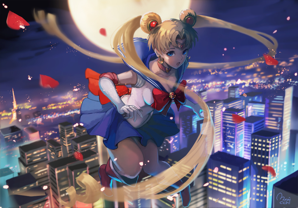 bishoujo_senshi_sailor_moon blonde_hair blue_eyes blue_sailor_collar blue_skirt boots bow brooch choker circlet cityscape crescent crescent_earrings double_bun earrings elbow_gloves flying full_moon gloves hair_ornament hairpin jewelry knee_boots long_hair looking_at_viewer magical_girl moon muraicchi_(momocchi) night petals pleated_skirt red_bow red_choker red_footwear rose_petals sailor_collar sailor_moon sailor_senshi_uniform skirt solo tsukino_usagi twintails white_gloves