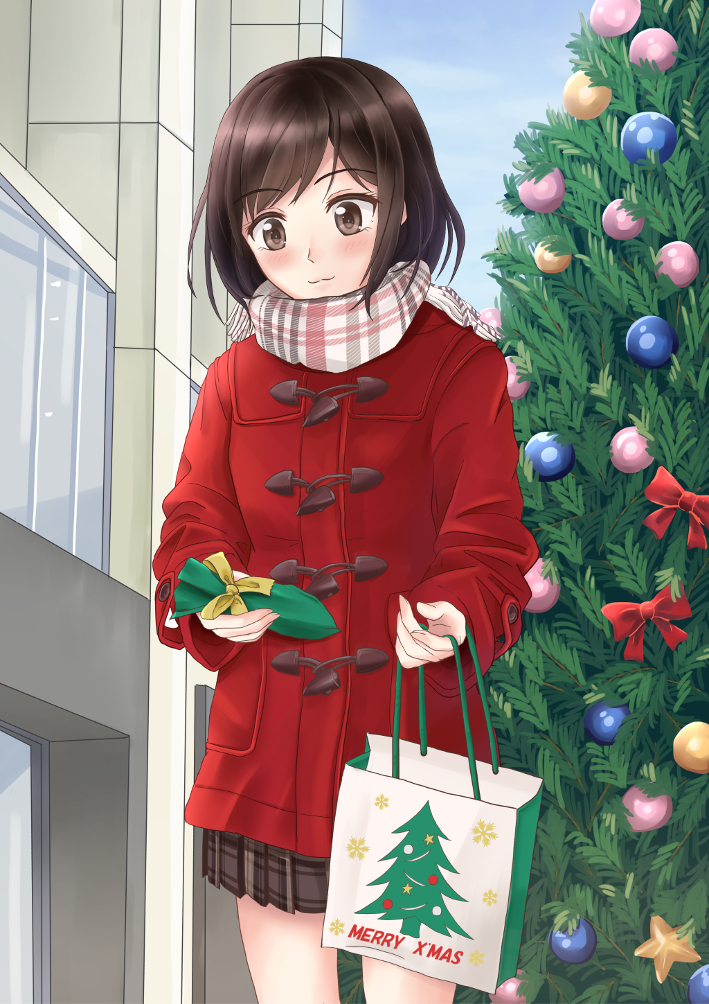 bag bow brown_skirt checkered checkered_scarf christmas christmas_ornaments christmas_tree duffel_coat eyebrows_visible_through_hair gift highres holding holding_bag holding_gift looking_away merry_christmas original plaid plaid_skirt red_bow ribbon scarf school_uniform shopping_bag skirt uniform yellow_ribbon yukimaru217