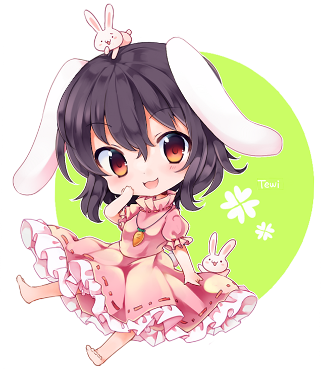 :d animal animal_ears animal_on_head barefoot black_hair blush bunny bunny_ears bunny_tail carrot carrot_necklace character_name chibi dress eyebrows_visible_through_hair frilled_dress frills full_body hand_on_own_cheek inaba_tewi looking_at_viewer on_head open_mouth pink_dress puffy_short_sleeves puffy_sleeves red_eyes ribbon-trimmed_clothes ribbon_trim short_sleeves simple_background smile solo tail touhou yukimiya_(parupunta)
