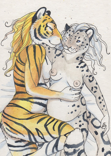 bed belly big_belly blonde_hair blue_eyes breasts cadmiumtea cute eye_contact feline female female/female fur hair hand_on_stomach hug krinn leopard love mammal multicolored_fur multicolored_tail nipples partran pregnant romantic silver_hair smile snow_leopard spots stripes tigress_(disambiguation)