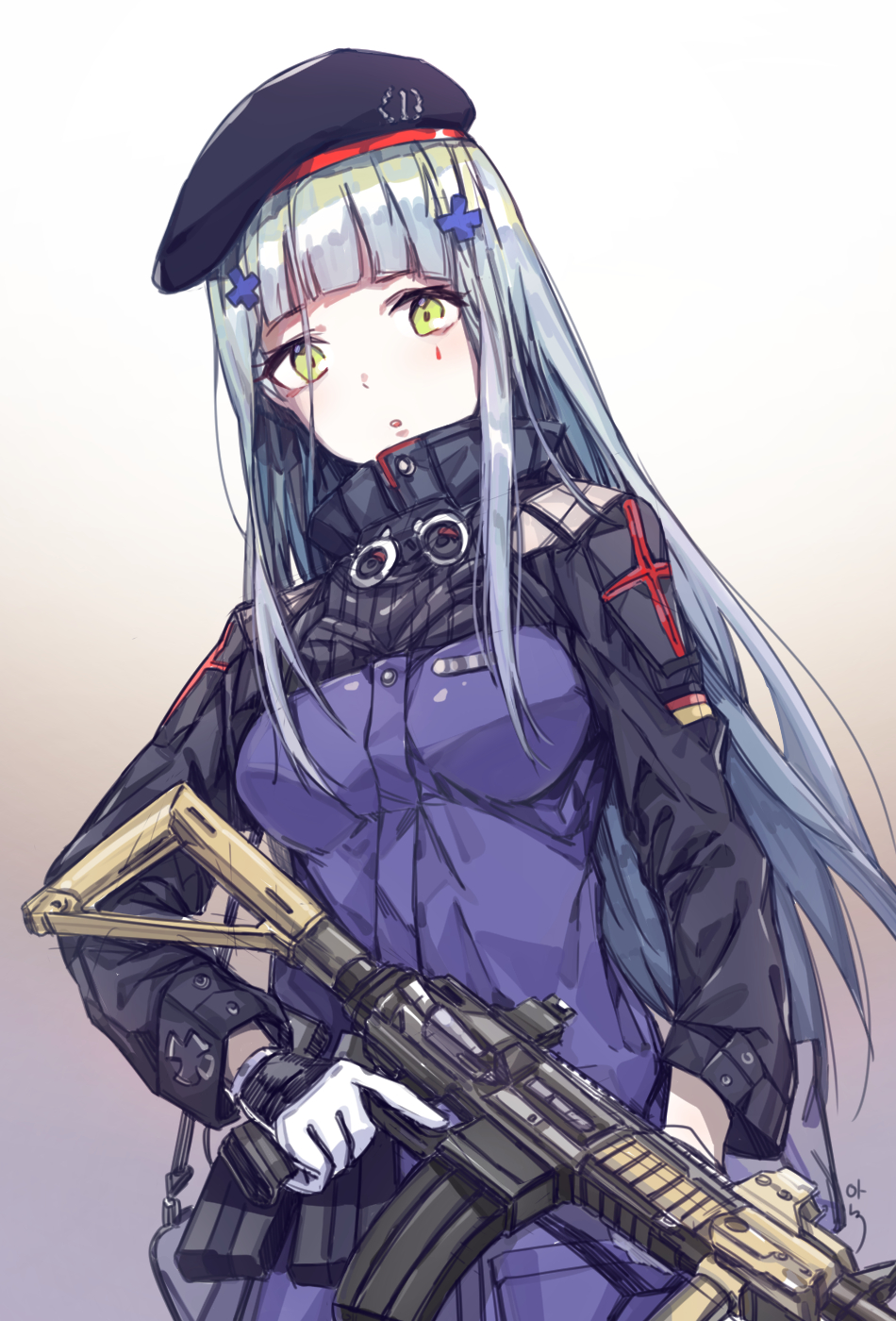 aningay assault_rifle bangs beret commentary facial_mark girls_frontline gloves gradient gradient_background green_eyes gun hat heckler_&amp;_koch highres hk416 hk416_(girls_frontline) holding holding_gun holding_weapon jacket long_hair looking_at_viewer military military_uniform parted_lips rifle sidelocks silver_hair solo teardrop trigger_discipline uniform upper_body weapon white_gloves