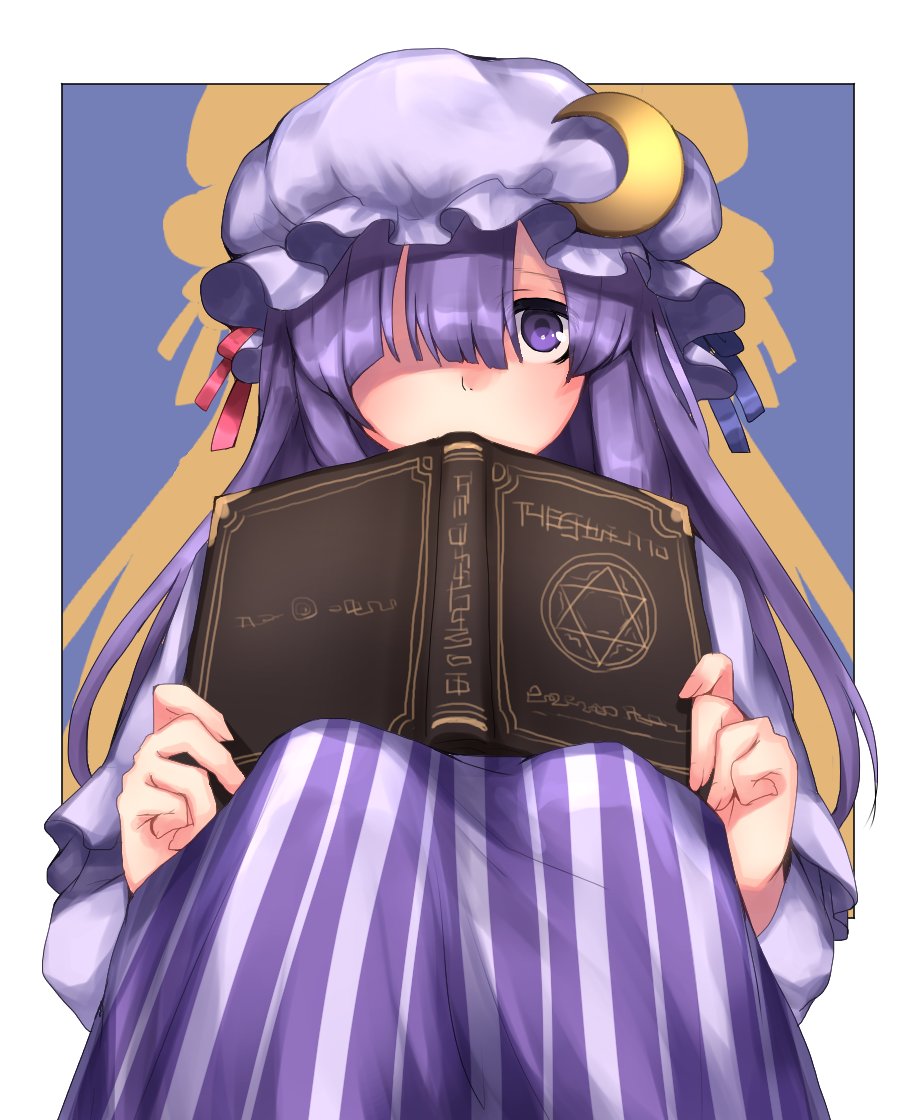 1girl bangs blue_ribbon blunt_bangs book covering_mouth crescent crescent_hair_ornament dress hair_ornament hair_over_one_eye hat hat_ribbon holding holding_book long_hair looking_at_viewer mob_cap panties patchouli_knowledge purple_eyes purple_hair purple_hat red_ribbon ribbon sitting solo striped striped_dress touhou underwear