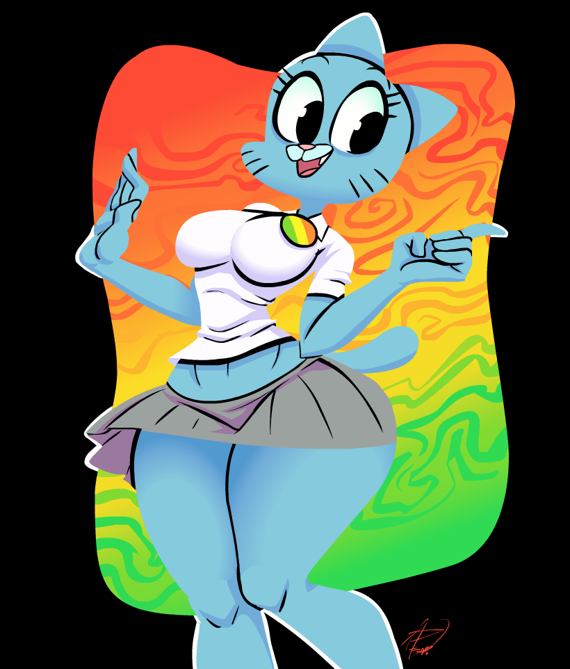 abstract_background badge_pins blue_fur breasts cartoon_network cat clothing feline female fur mammal mature_female nicole_watterson shirt skirt smile the_amazing_world_of_gumball wolftang
