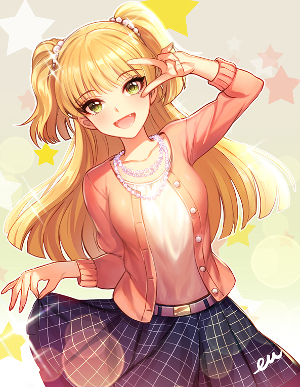 :d artist_name bangs belt blonde_hair blue_skirt blunt_bangs breasts buttons casual commentary_request cowboy_shot eu_(euspia) eyebrows_visible_through_hair fangs green_eyes hair_ornament idolmaster idolmaster_cinderella_girls jacket jewelry jougasaki_rika long_hair long_sleeves looking_at_viewer necklace open_mouth pink_belt pink_jacket shirt signature skirt skirt_hold small_breasts smile solo sparkle standing star two_side_up v_over_eye white_shirt