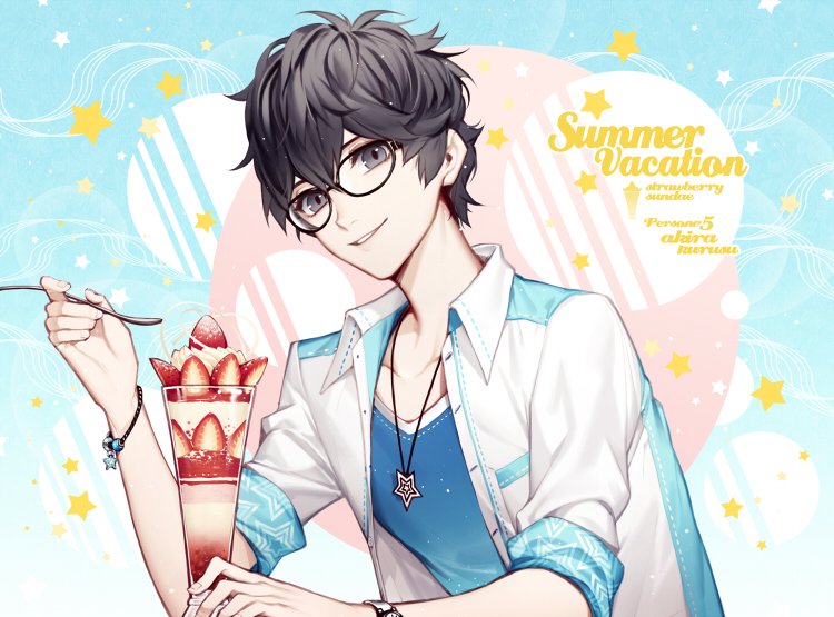 amamiya_ren black_hair english food glasses ice_cream looking_at_viewer male_focus persona persona_5 short_hair smile spoon yue