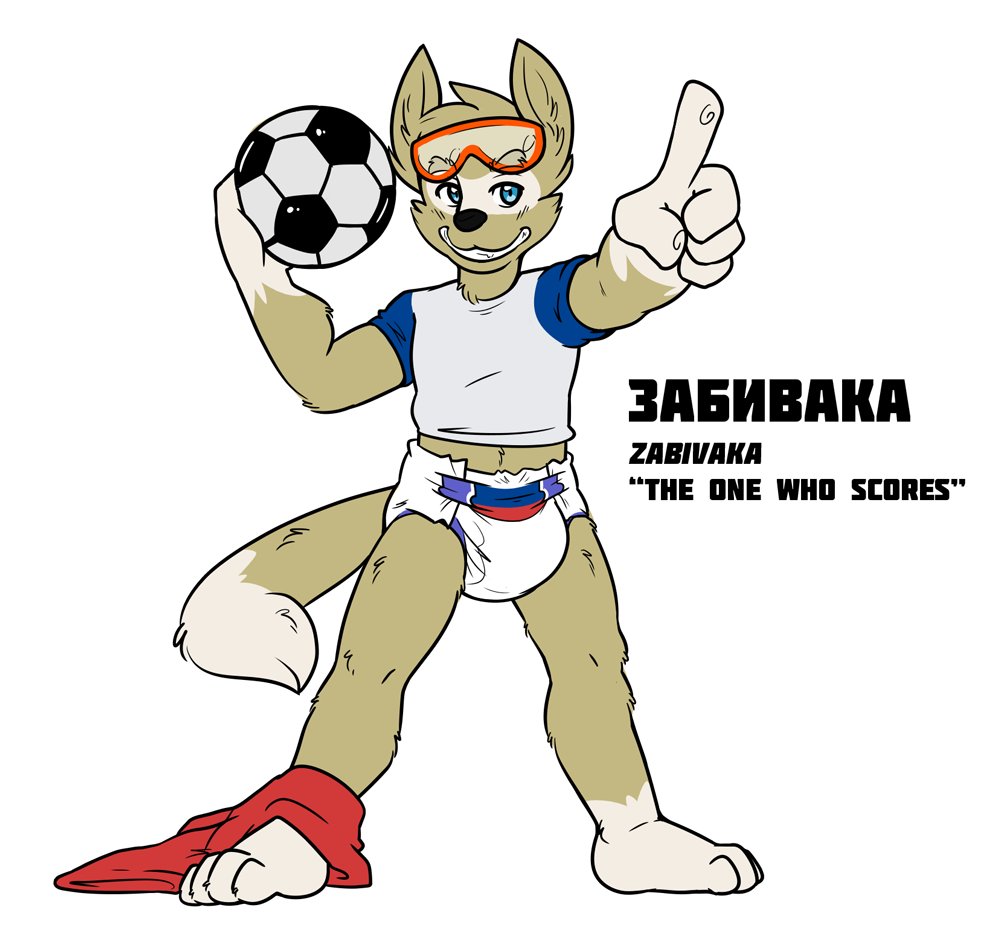 anthro ball barefoot briefs bulge canine clothing cub diaper english_text eyewear flat_colors foreshortening goggles goggles_on_forehead grin holding_ball jersey male mammal mascot midriff navel pants_around_one_leg pinup pointing pose russian_text short simple_background smile soccer soccer_ball solo sport spread_legs spreading standing text tonio_(artist) underwear white_background wolf young zabivaka