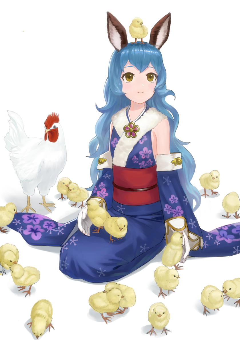 animal_ears bangs bare_shoulders bird blue_hair blue_kimono brown_eyes chick chick_on_head chicken chinese_zodiac commentary_request ferry_(granblue_fantasy) floral_print flower_ornament granblue_fantasy japanese_clothes kimono long_hair long_sleeves looking_up new_year rooster seiza simple_background sitting smile very_long_hair very_long_sleeves wasabi60 white_background year_of_the_rooster