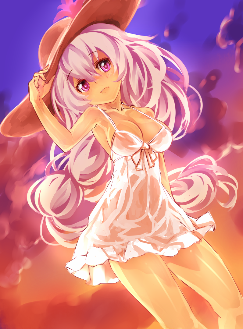 breasts cloud cowboy_shot dress flower_knight_girl hat hototogisu_(flower_knight_girl) keikotsu lavender_hair long_hair looking_at_viewer medium_breasts purple_eyes sky smile solo sun_hat sundress sunset