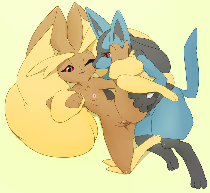 1boy 1girl animal_ears breasts bunny_ears collarbone feet from_above full_body furry green_background half-closed_eyes hand_on_another's_face hand_up leg_lift looking_down lopuny lucario lying mrploxy navel nipples no_humans on_side one_eye_closed open_mouth paws pokemon pokemon_(creature) pokemon_dppt pussy red_eyes simple_background small_breasts smile spread_legs tail teeth uncensored wink wolf_ears