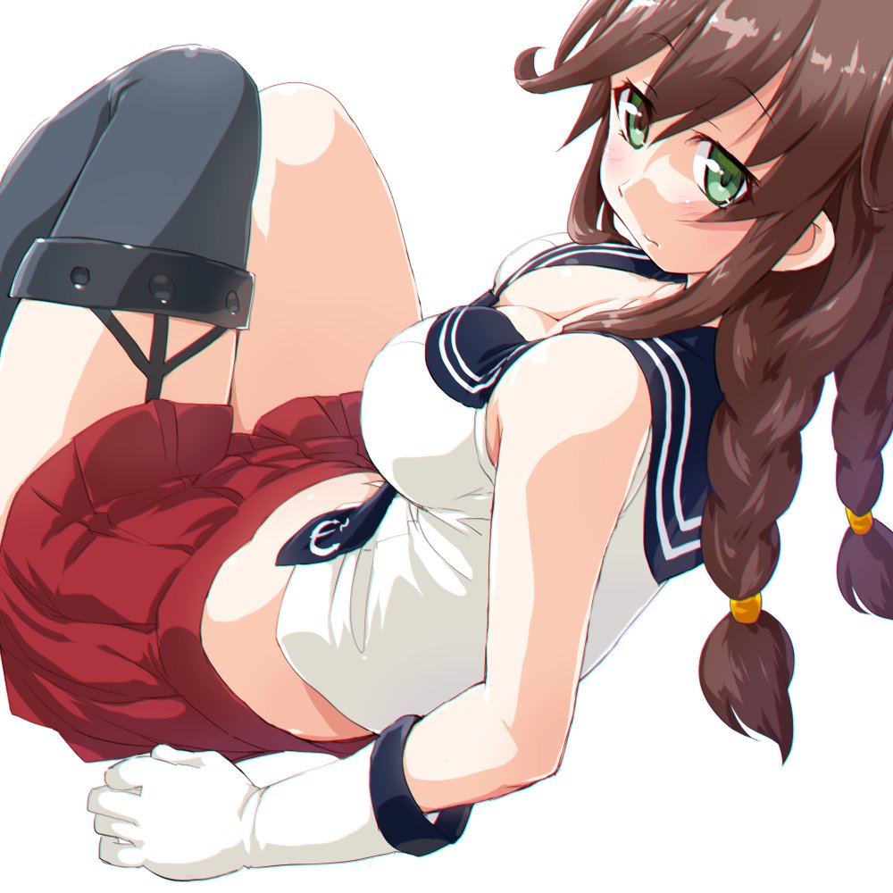 anchor_print bare_shoulders blush braid breasts brown_hair cleavage closed_mouth collarbone dd_(ijigendd) eyebrows_visible_through_hair garter_straps gloves green_eyes kantai_collection large_breasts long_hair midriff necktie noshiro_(kantai_collection) pleated_skirt red_skirt sailor_collar simple_background single_thighhigh sitting skirt solo thighhighs twin_braids white_background white_gloves