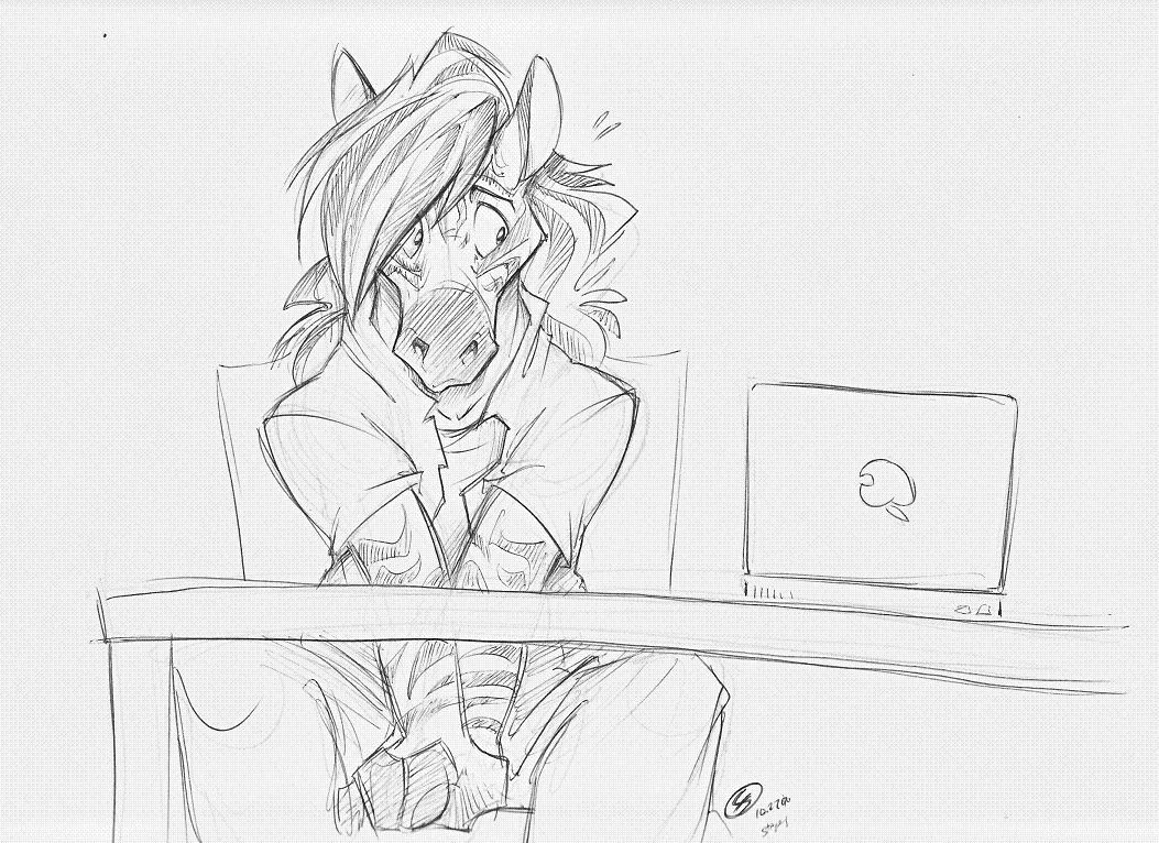 2010 anthro apple_inc. biped black_and_white chair clothed clothing computer equine flying_sweatdrops front_view fully_clothed fur hair laptop long_hair male mammal monochrome nervous pen_(artwork) shirt signature simple_background sitting snout solo spunky striped_fur stripes stripes_(character) sweat sweatdrop table traditional_media_(artwork) white_background zebra