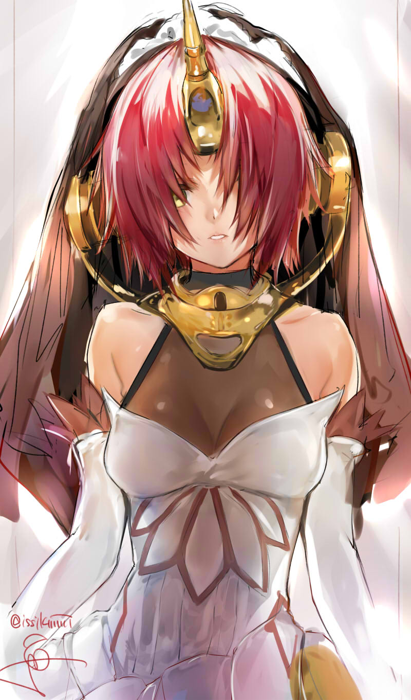 bare_shoulders blush breasts elbow_gloves fate/apocrypha fate_(series) frankenstein's_monster_(fate) gloves green_eyes hair_over_eyes highres horns isshiki_(ffmania7) looking_at_viewer medium_breasts parted_lips pink_hair short_hair solo veil white_gloves