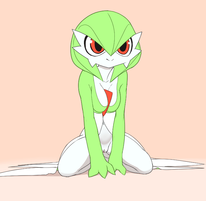 1girl arm_support bob_cut breasts cleavage collarbone full_body gardevoir green_hair hands_together kneeling looking_up medium_breasts mrploxy navel no_humans pink_background pokemon pokemon_(creature) pokemon_rse pussy red_eyes short_hair simple_background sitting smile solo spread_legs uncensored