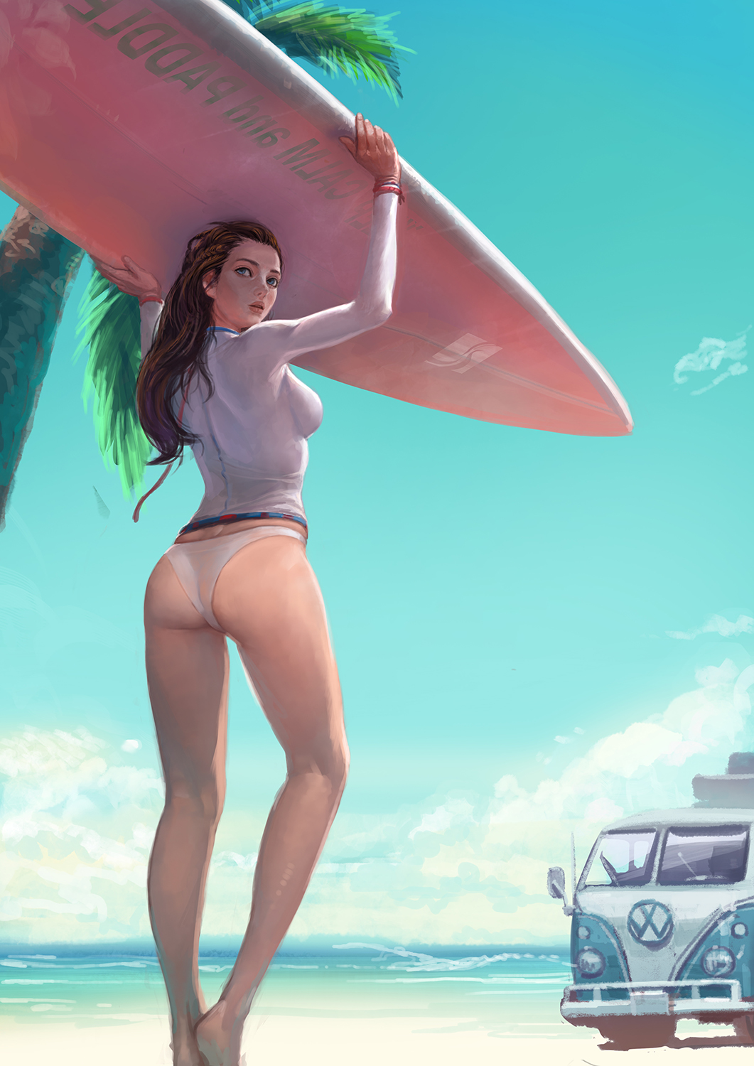 ass barefoot beach blue_eyes braid breasts brown_hair cloud commentary day from_behind highres holding kim_junghun long_hair long_sleeves looking_back medium_breasts original outdoors palm_tree parted_lips sky solo standing surfboard tree volkswagen_type_2 water white_bikini_bottom