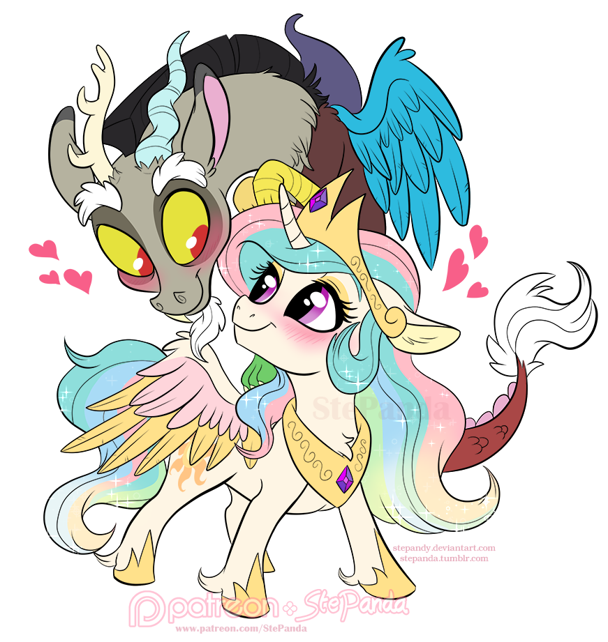 2017 alpha_channel chibi crown discord_(mlp) duo equine female friendship_is_magic horn jewelry male mammal my_little_pony necklace princess_celestia_(mlp) purple_eyes red_eyes simple_background sparkles stepandy transparent_background winged_unicorn wings