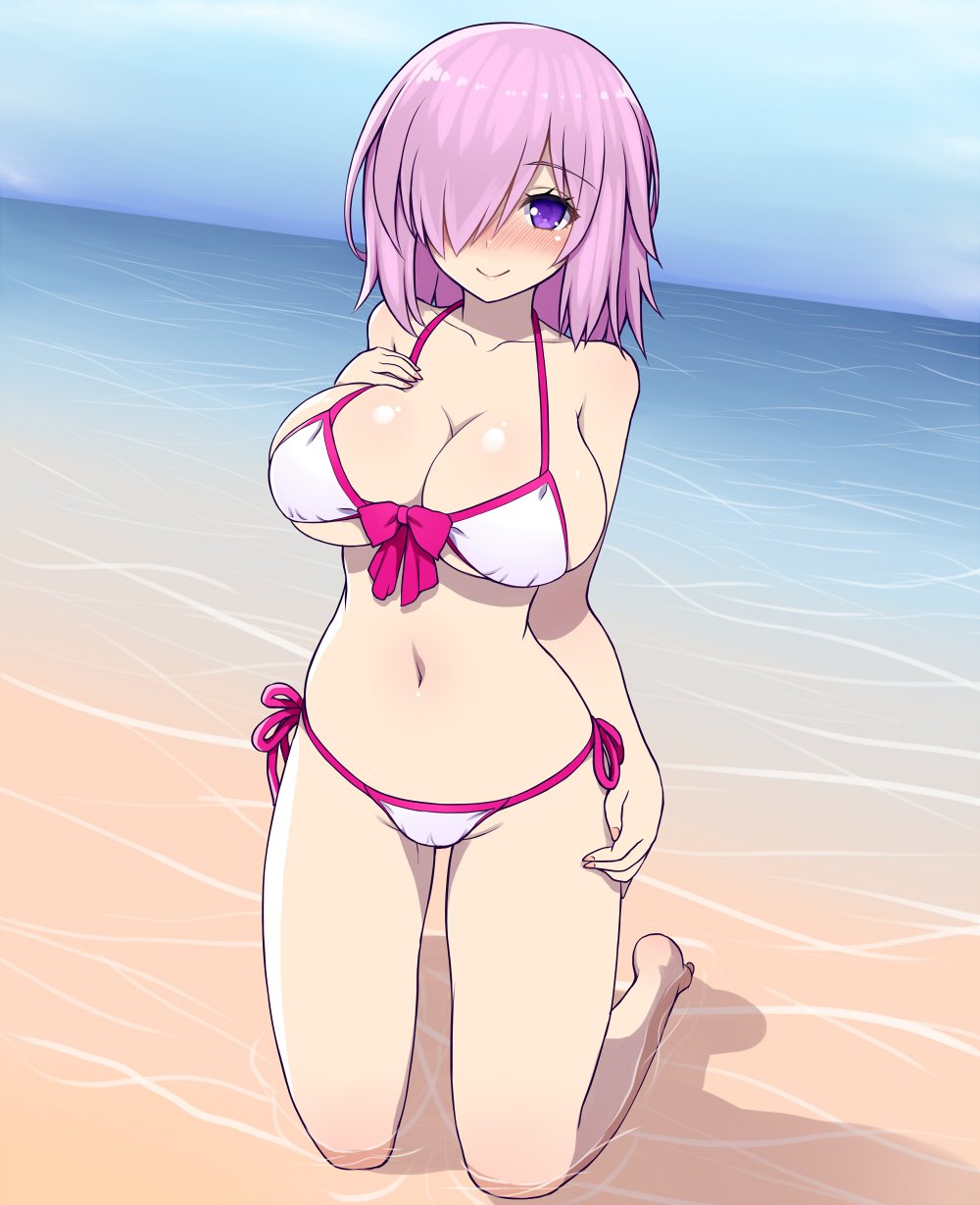 adapted_costume arm_at_side asamura_hiori beach bikini blush breasts cleavage closed_mouth day eyebrows_visible_through_hair fate/grand_order fate_(series) front-tie_bikini front-tie_top full_body hair_over_one_eye hand_on_own_chest highres horizon kneeling large_breasts mash_kyrielight medium_hair navel outdoors pink_hair purple_eyes shallow_water side-tie_bikini smile solo swimsuit swimsuit_of_perpetual_summer white_bikini