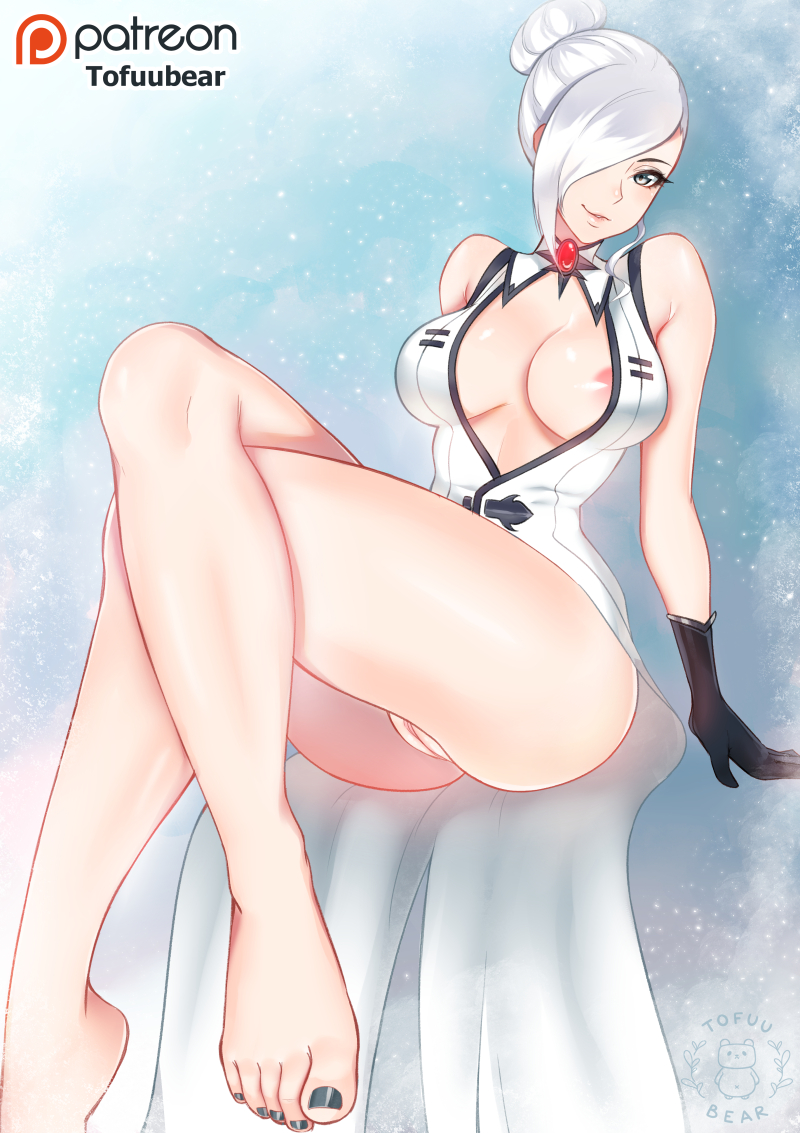 1girl areola_slip areolae bare_legs barefoot bottomless breasts center_opening cleavage feet full_body hair_over_eye large_breasts legs legs_crossed looking_at_viewer no_bra no_panties pov_feet pussy rwby seductive_smile sitting smile solo thighs toenail_polish toes tofuubear white_hair winter_schnee