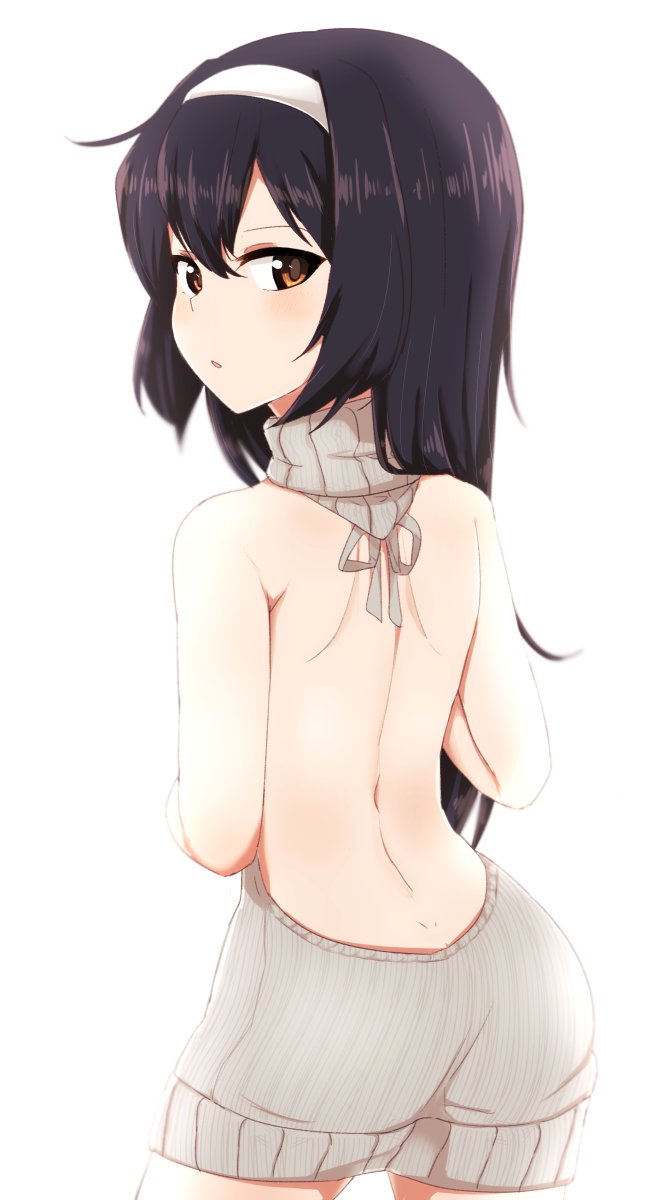 aran_sweater backless_dress backless_outfit bangs bare_back bare_shoulders black_hair brown_eyes chawan_(yultutari) commentary_request cowboy_shot drawstring dress from_behind girls_und_panzer hairband halterneck highres long_hair looking_at_viewer looking_back meme_attire parted_lips reizei_mako ribbed_sweater simple_background solo standing sweater sweater_dress turtleneck turtleneck_sweater virgin_killer_sweater white_background white_hairband