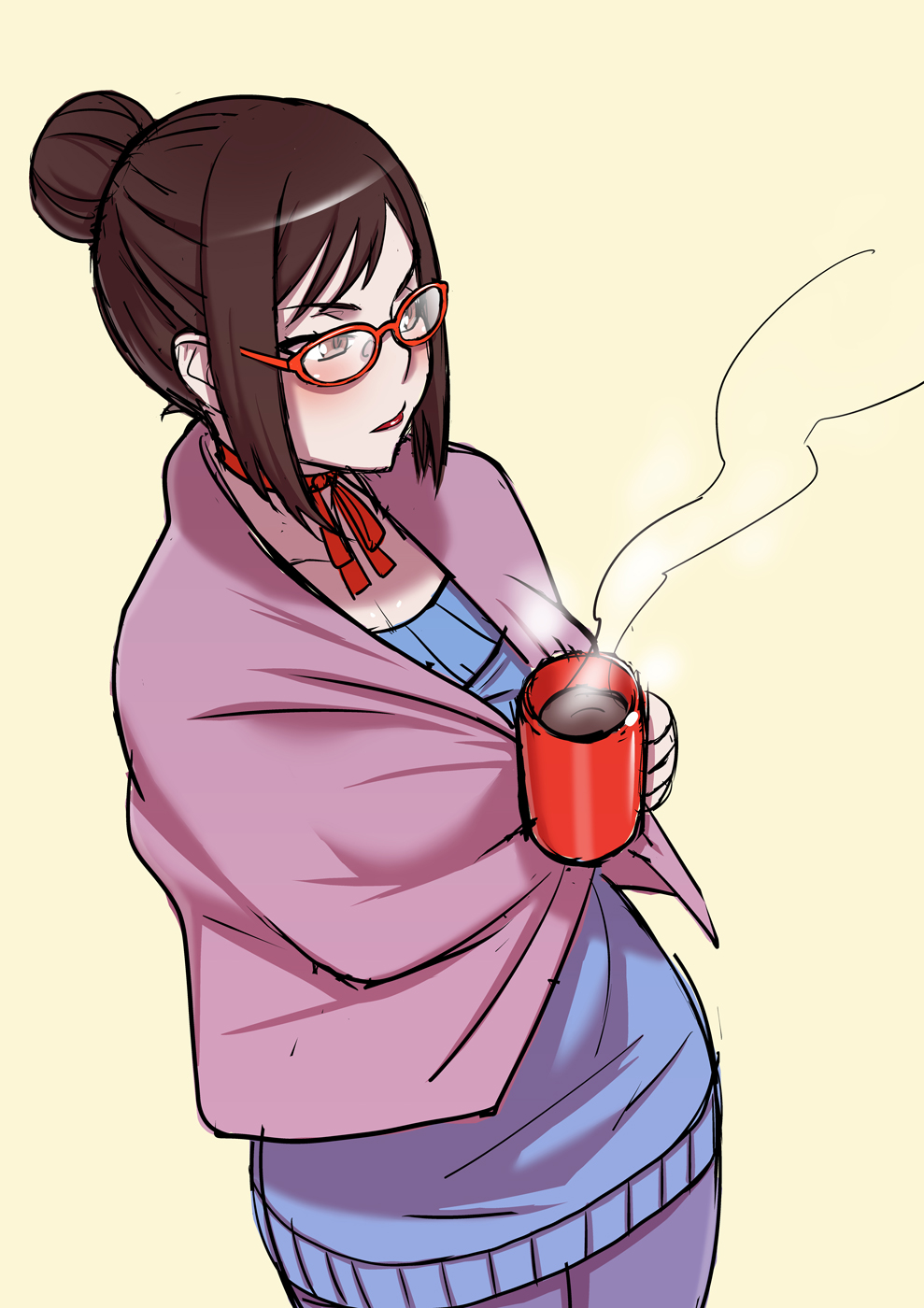 brown_eyes brown_hair choker coffee coffee_mug commentary cup genka_kunahito glasses hair_bun highres kjech lipstick makeup mug shawl solo steam sweater yandere_simulator