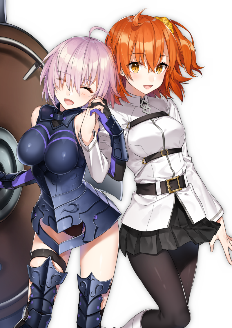 :d ^_^ ahoge armor black_legwear black_skirt blush boots breasts closed_eyes eyebrows_visible_through_hair facing_viewer fate/grand_order fate_(series) fujimaru_ritsuka_(female) hair_ornament hair_scrunchie holding_hand holding_shield knee_boots large_breasts looking_at_viewer mash_kyrielight multiple_girls one_side_up open_mouth orange_eyes orange_hair orange_scrunchie pantyhose pink_hair scrunchie shield shirako_miso short_hair short_ponytail side_ponytail skirt smile uniform white_footwear