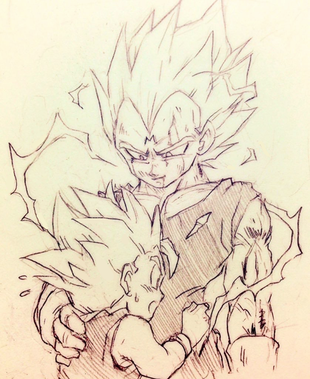 :o dragon_ball dragon_ball_z father_and_son hand_on_another's_back hug looking_at_another majin_vegeta male_focus monochrome multiple_boys open_mouth simple_background smile spiked_hair super_saiyan sweatdrop tkgsize traditional_media trunks_(dragon_ball) vegeta