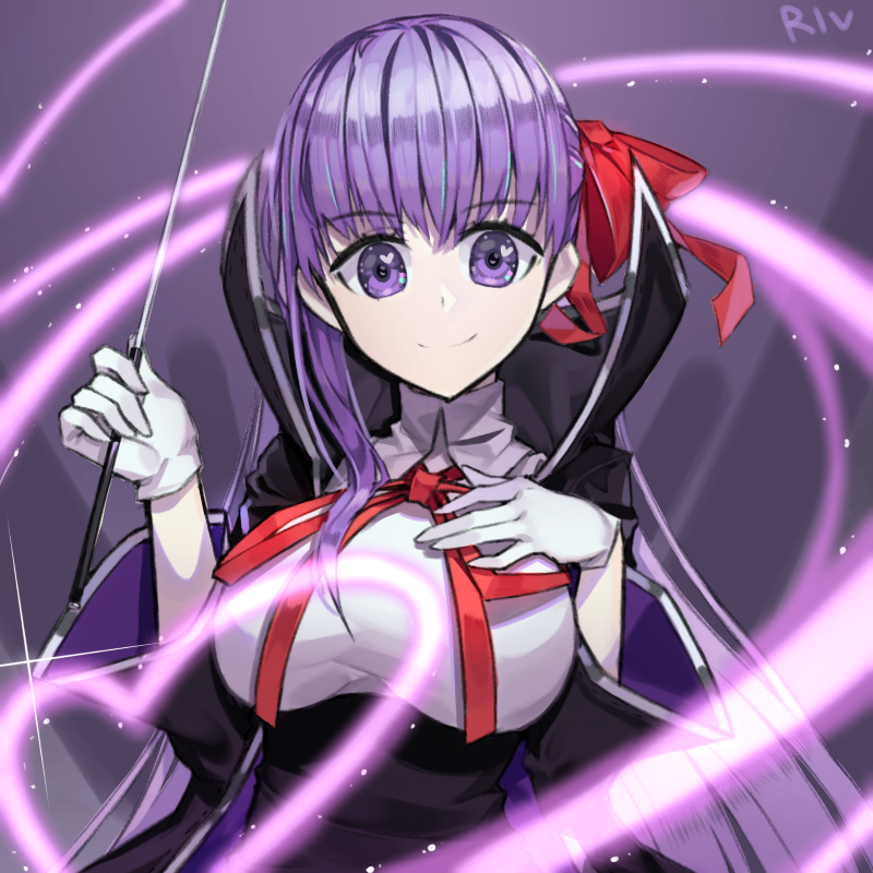 artist_name bb_(fate)_(all) bb_(fate/extra_ccc) blush bow breasts closed_mouth eyebrows_visible_through_hair fate/extra fate/extra_ccc fate_(series) gloves hair_bow hwayoung large_breasts long_hair looking_at_viewer purple_eyes purple_hair red_bow red_ribbon ribbon smile solo upper_body white_gloves