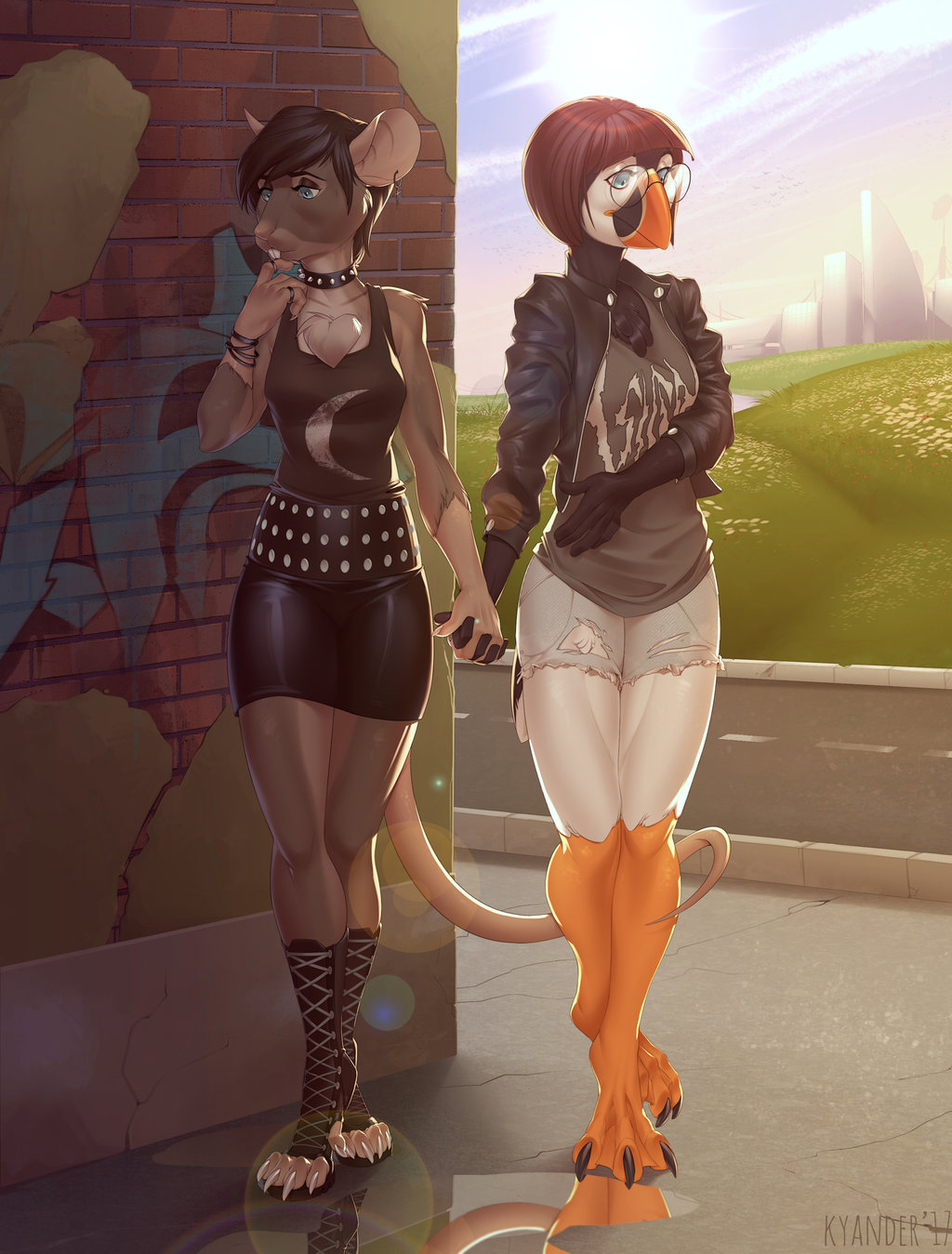 2017 3_toes 5_fingers anthro avian beak bird black_hair breasts brown_hair chest_tuft clothed clothing collar detailed_background eyewear glasses hair kyander mammal puffin rat rodent smile standing toes tuft