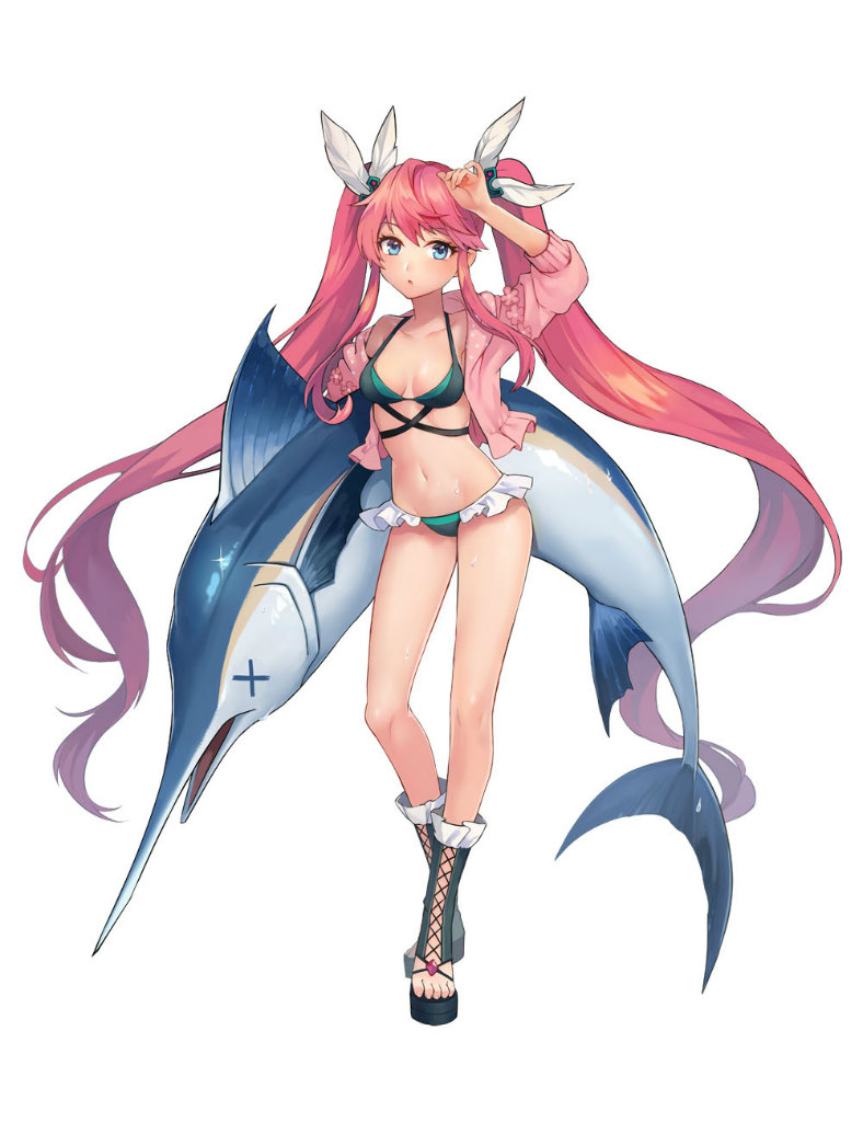 bangs bikini blue_eyes breasts collarbone eyebrows_visible_through_hair feathers fish full_body hair_feathers hair_ornament holding jacket long_hair looking_at_viewer medium_breasts navel off_shoulder official_art open_clothes open_jacket open_toe_shoes pink_hair pink_jacket shoes simple_background solo standing swimsuit swordfish tenshi_mikadokuni very_long_hair white_background