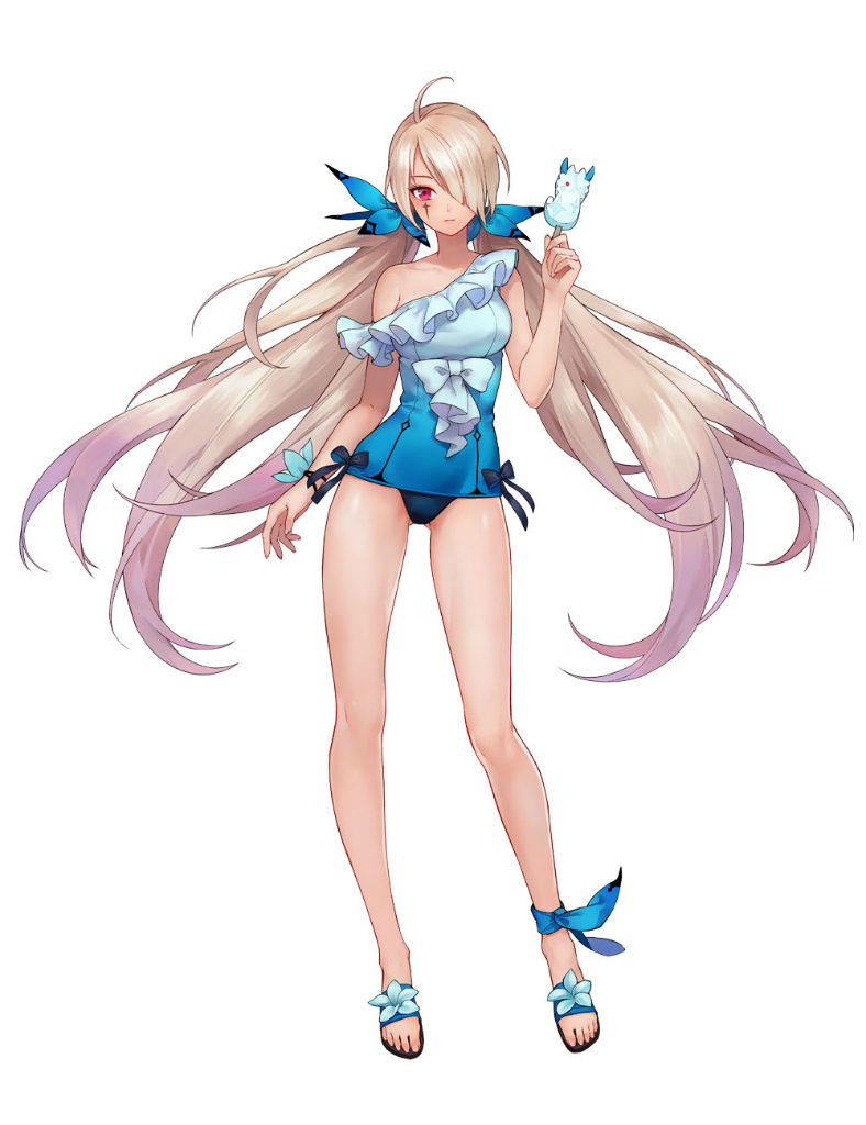bare_shoulders blonde_hair breasts collarbone facepaint food full_body hair_over_one_eye holding long_hair medium_breasts official_art one-piece_swimsuit open_toe_shoes popsicle red_eyes ribbon_trim sandals shoes simple_background solo standing swimsuit tenshi_mikadokuni very_long_hair white_background